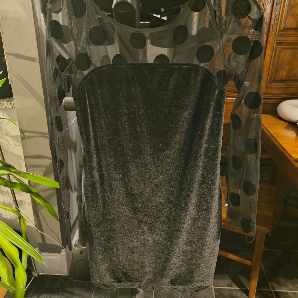 BCBGeneration Black Velvet Dress with Sheer Polka Dot Sleeves